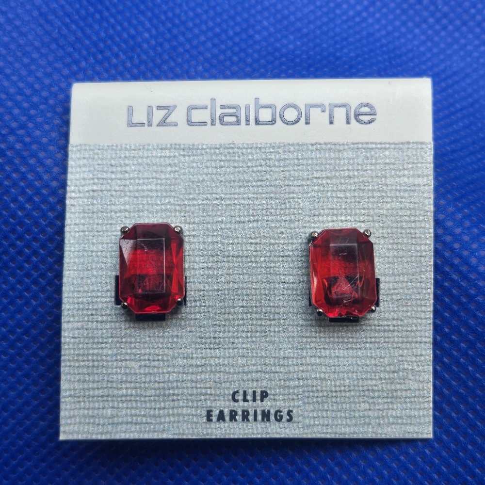 Liz Claiborne Red Faux Crystal Clip-On Stud Earrings Vintage Lightweight Jewelry